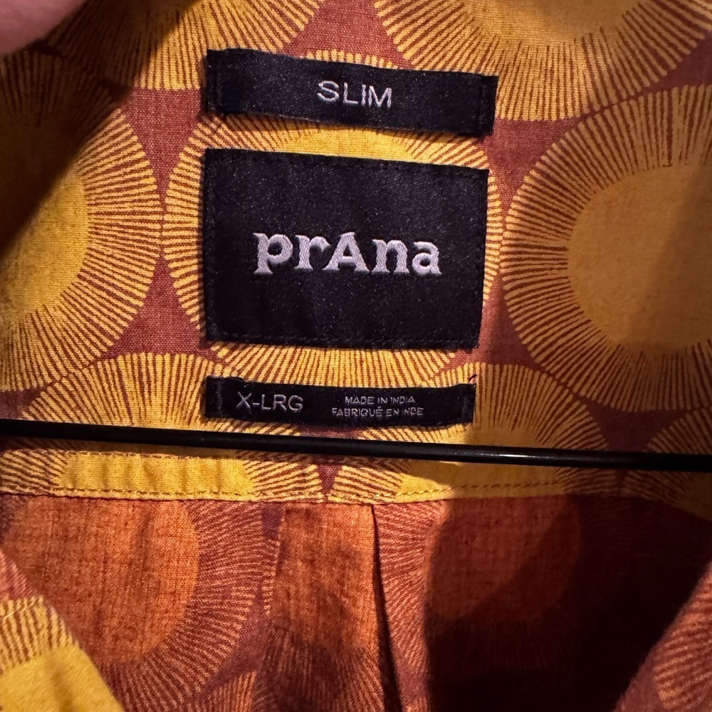 PRANA Yellow Colorful Summer Slim Fit Organic Cotton Short Sleeve Button Down XL - Picture 7 of 7